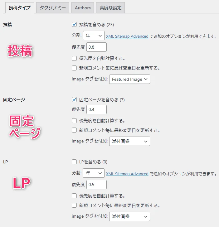 XMLサイトマップの投稿タイプの管理画面