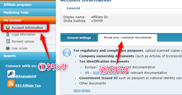 【Account information】⇒【know your customer documents】をクリック