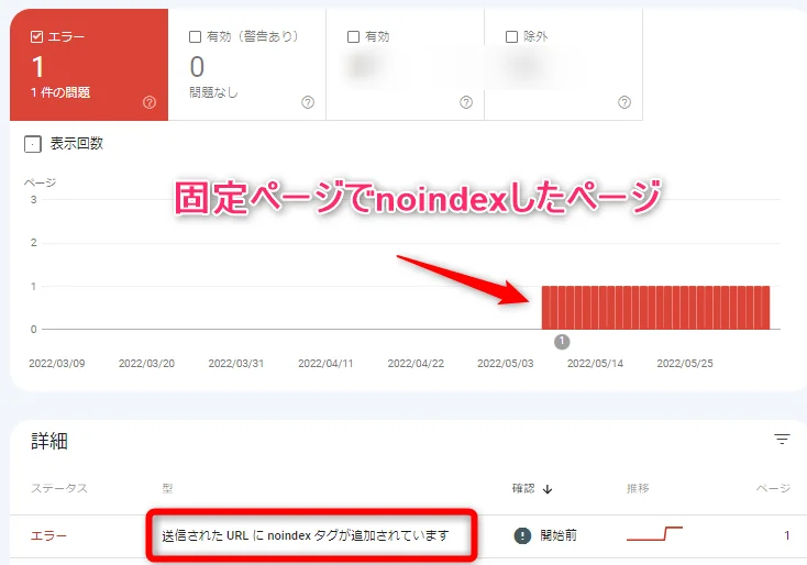XMLサイトマップにURLが記載されているページを、noindex指定した結果、Googleサーチコンソールでエラー表示された画像