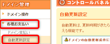 ドメイン管理の項目から【各種お支払い】⇒【自動更新設定】をクリック