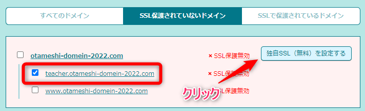 作成したサブドメインにチェックを入れて【独自SSL(無料)を設定する】をクリック