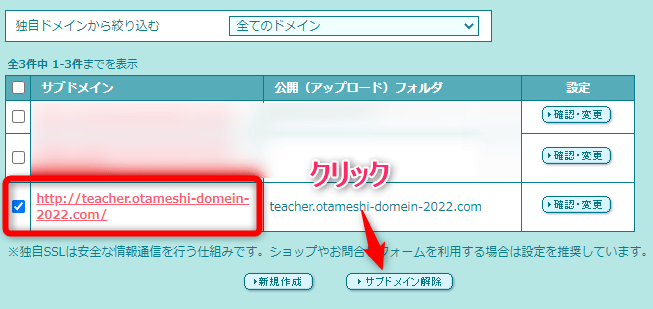 作成したサブドメインにチェックを入れて【サブドメイン解除】をクリック